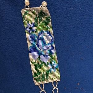 Huichol handmade beaded bracelet silver blue rose